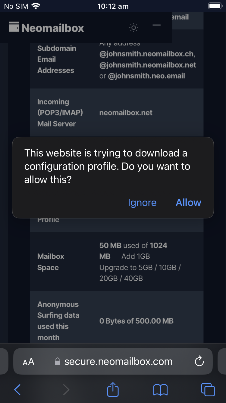 iOS SSL IMAP and SMTP setup - Step 2